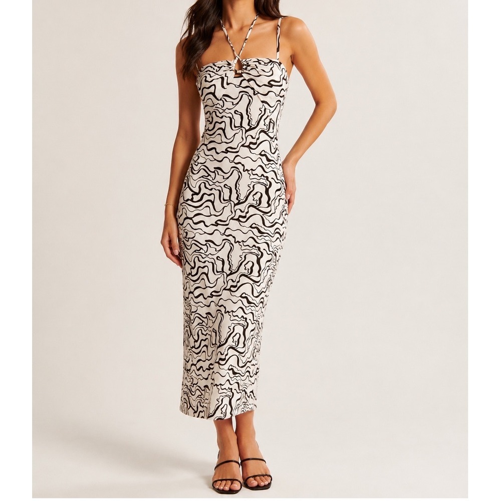 Abercrombie & Fitch Swirl Print Halter Midi Dress Cream Brown Small Tall ST